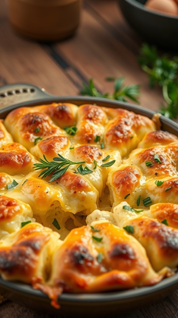 Cheesy casserole bread in a baking dish, golden and bubbly, garnished with herbs.